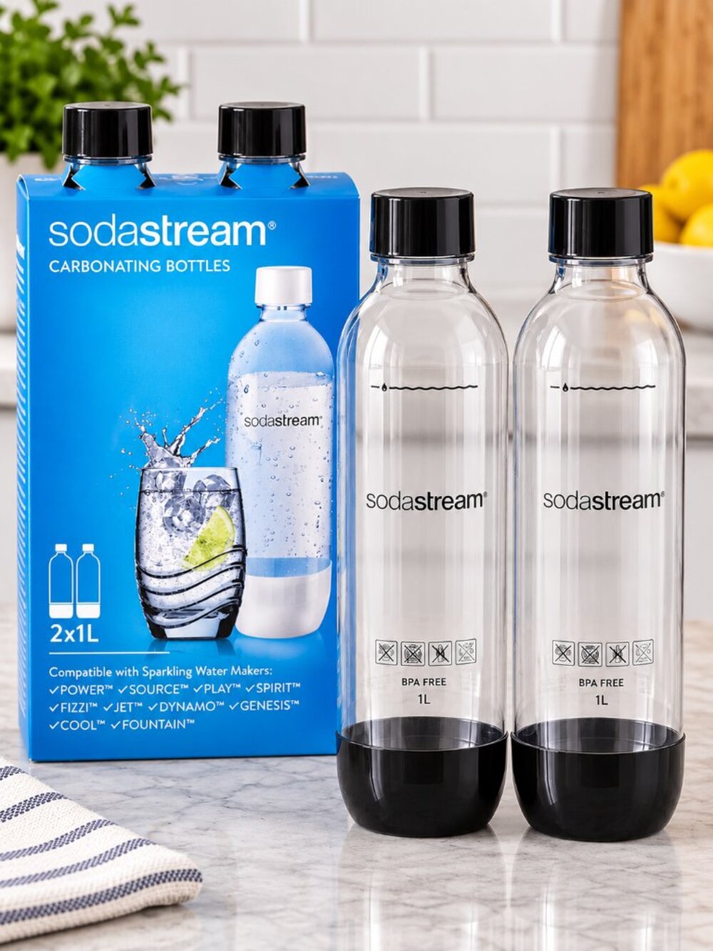 SodaStream 1L Carbonating Bottles Black Twin Pack BPA-Free 2 Bottles NIB